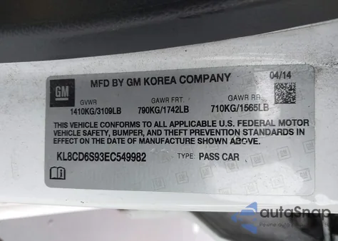 2014 Chevrolet Spark 1Lt Auto z USA, uszkodzony, nr VIN KL8CD6S93EC549982